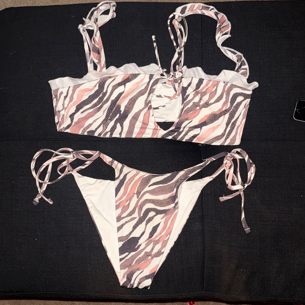 Frankie's Bikinis Zebra Print Bikini in Pink and White